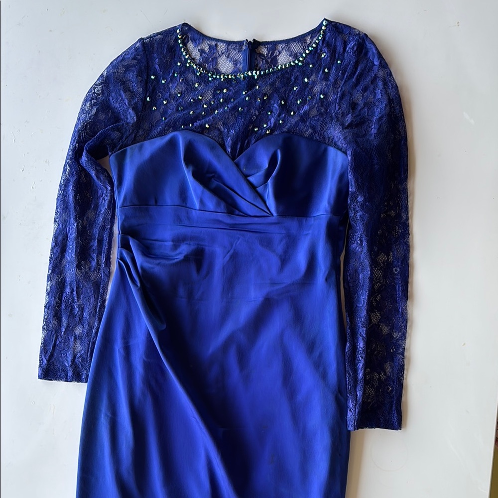 David Meister Blue Long Sleeve Sheath Dress